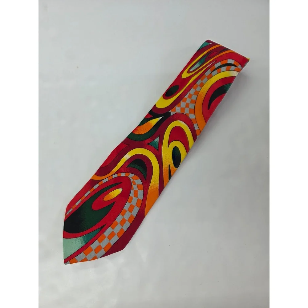 Rush Limbaugh No Boundaries Silk Tie Red Abstract Psychedelic Checkered VTG USA